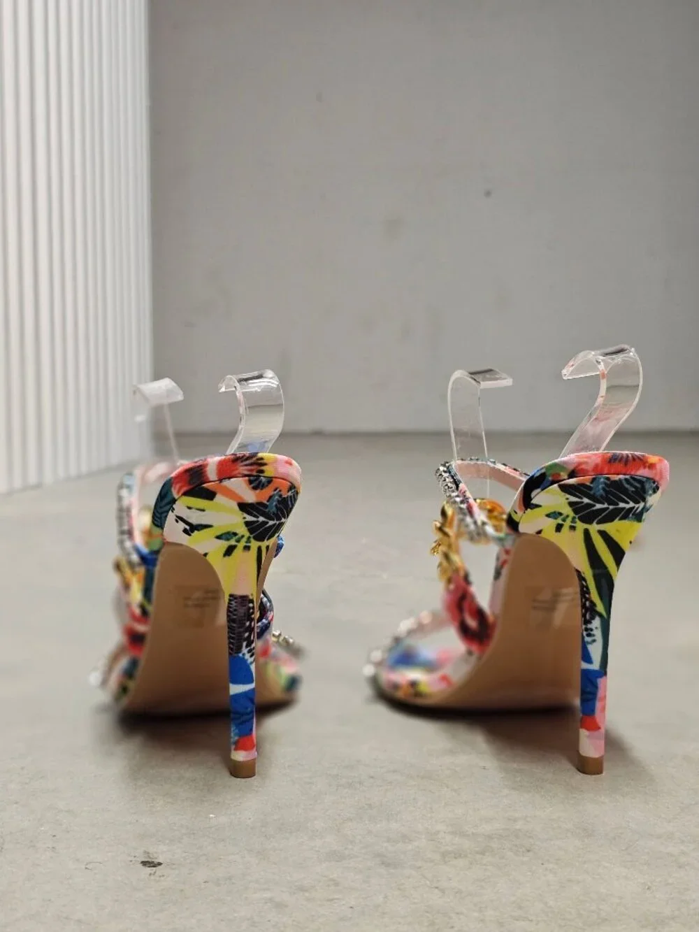 Floral Open-Toe High Heels With Rhinestone & Gold Chain Straps Multicolor Womens - Picture 10 of 14